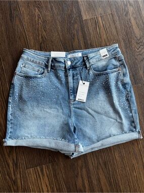 Judy Blue Light Wash Denim Rhinestone Roll-Cuff Shorts